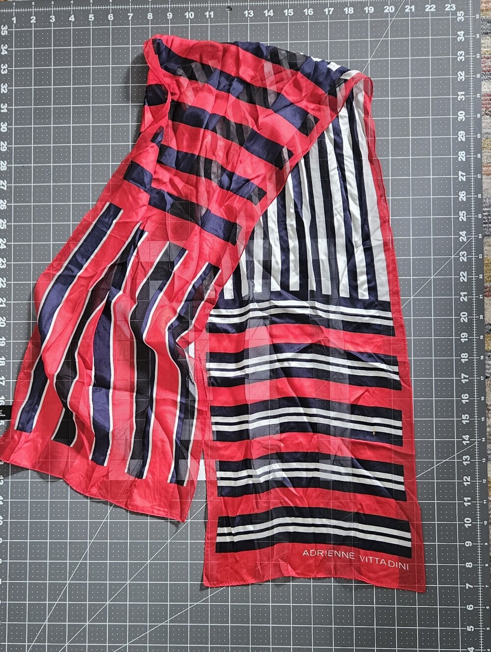Adrienne Vittadini Red Silk Striped Scarf with Navy And White Accents